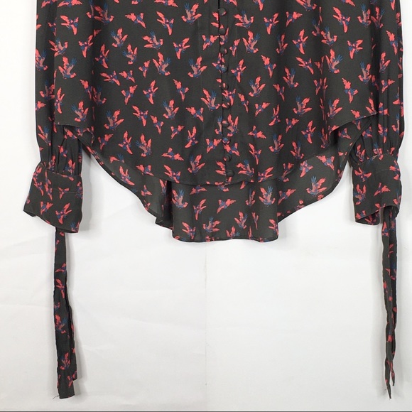 Free People Bird Print Button Up Long Sleeve Tie Cuff Blouse - Picture 3 of 10
